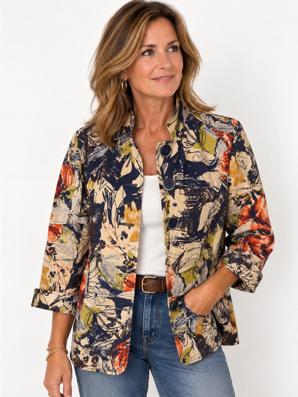 Coldwater Creek Floral Print Cotton Jacket Blazer Size 16 Button Front